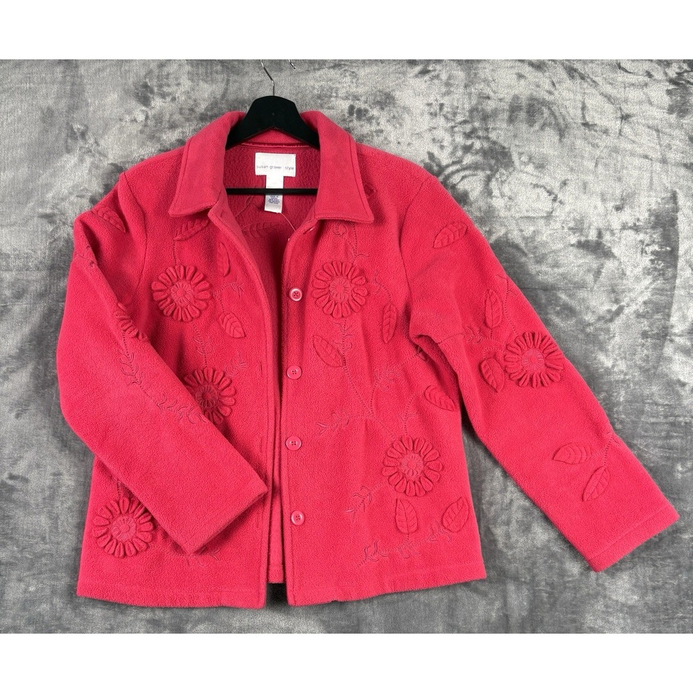 Susan Graver‎ Fleece Jacket Small Pink Embroidered Floral Granny Chic Cozy-core